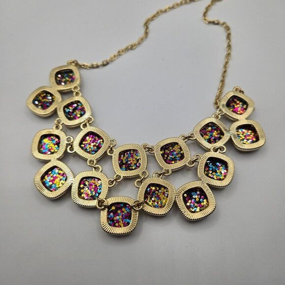 Betsey Johnson Liz Claiborne Rainbow Sparkle Bib Necklace Earrings Gold Tone Set - Picture 9 of 12
